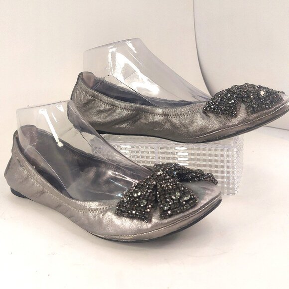 Tory Burch Metallic Silver Leather Eddie Scrunch Ballet Flats Size 8.5M - Picture 1 of 12